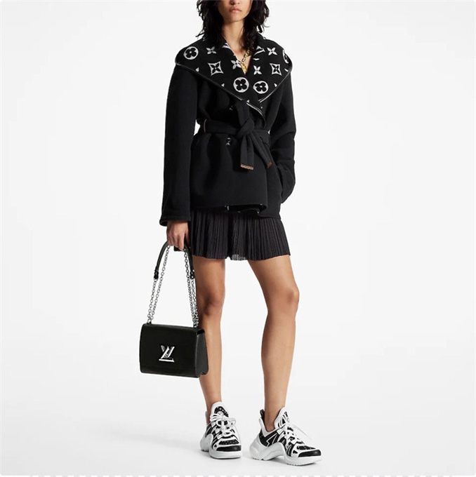 lv louis vuitton monogram lined wrap belted double breasted hooded wool cashmere short coat